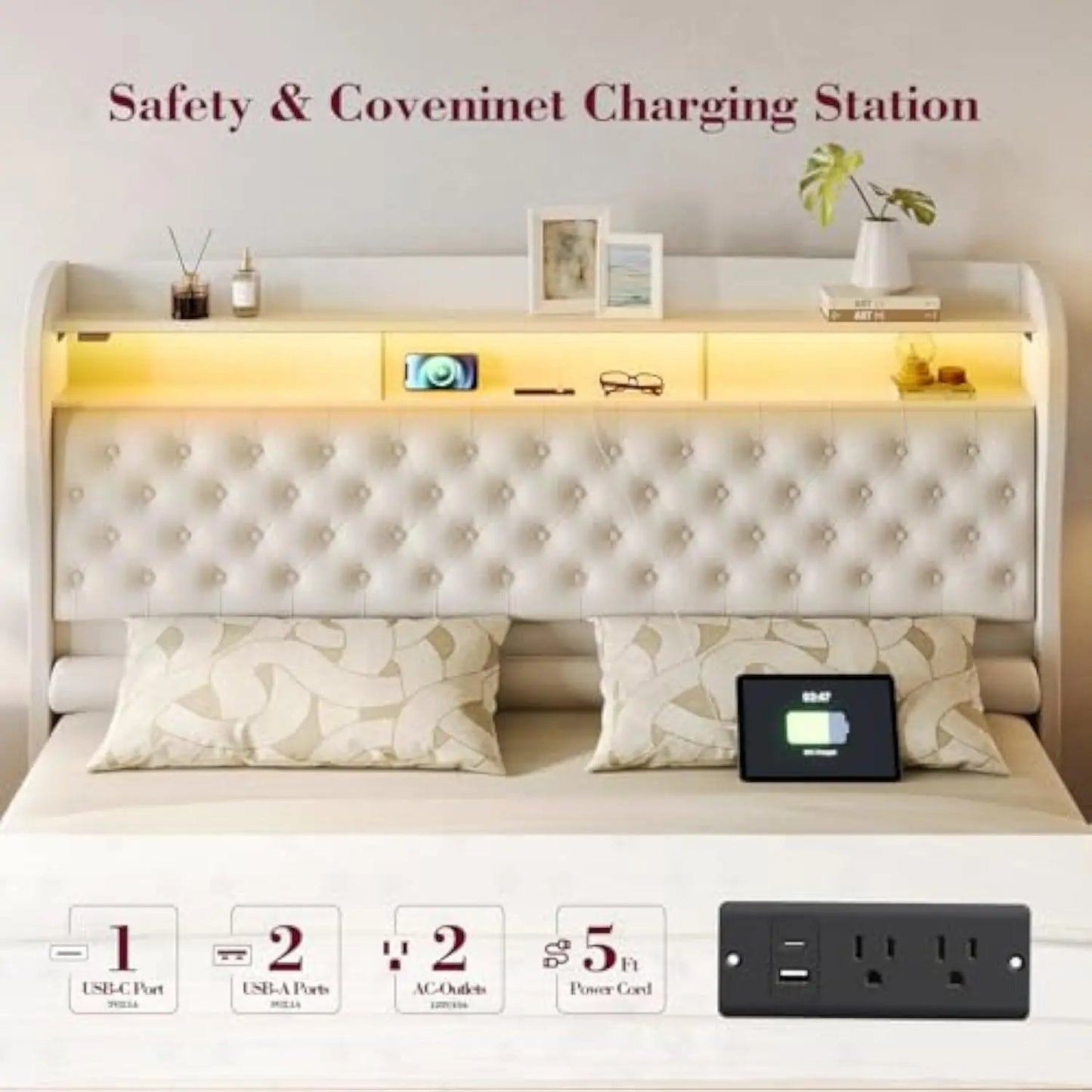 Twin Bed Frame with Storage, Velvet Upholstered Bed with Charging Station and LED Light, Deep Button Tufted Wingback Headboard,
