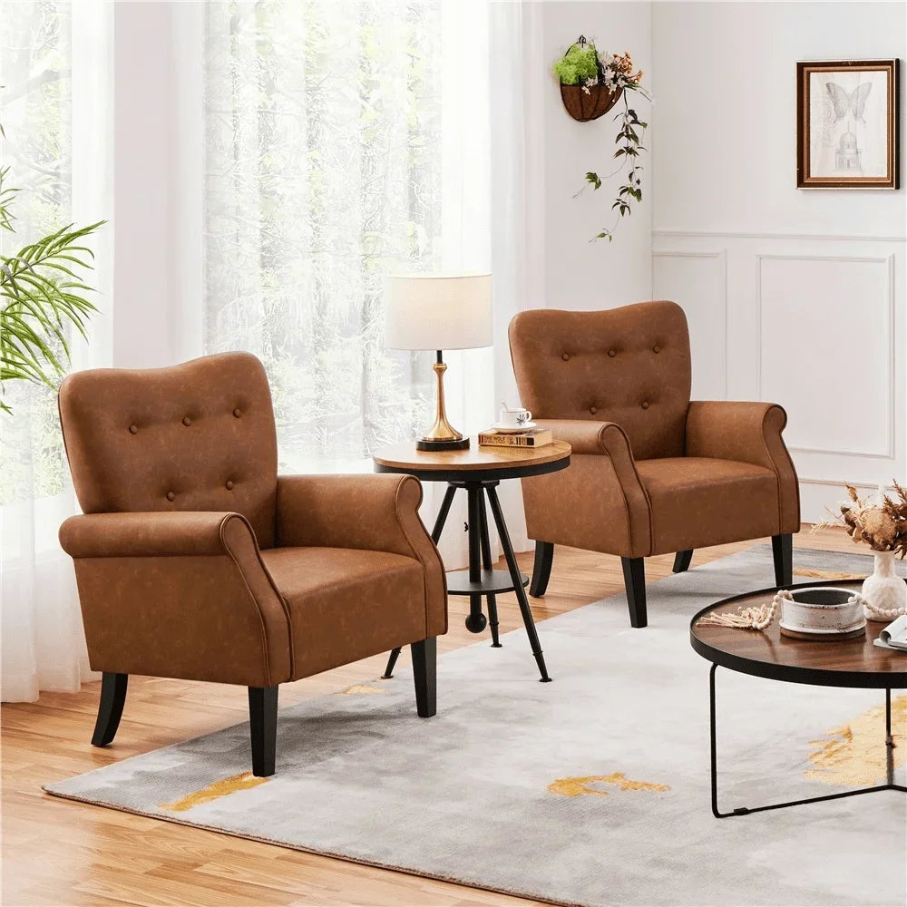 Tufted High Back Faux Leather Accent Chair Stylish Mid-Century Armchair Comfortable Living Room Furniture Retro Design