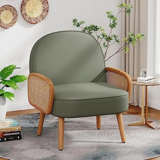 Mid Century Modern Accent Chair Armchair with Rattan Arms Upholstered Rattan Boho Accent Chair for Living Room Bedroom Balcony