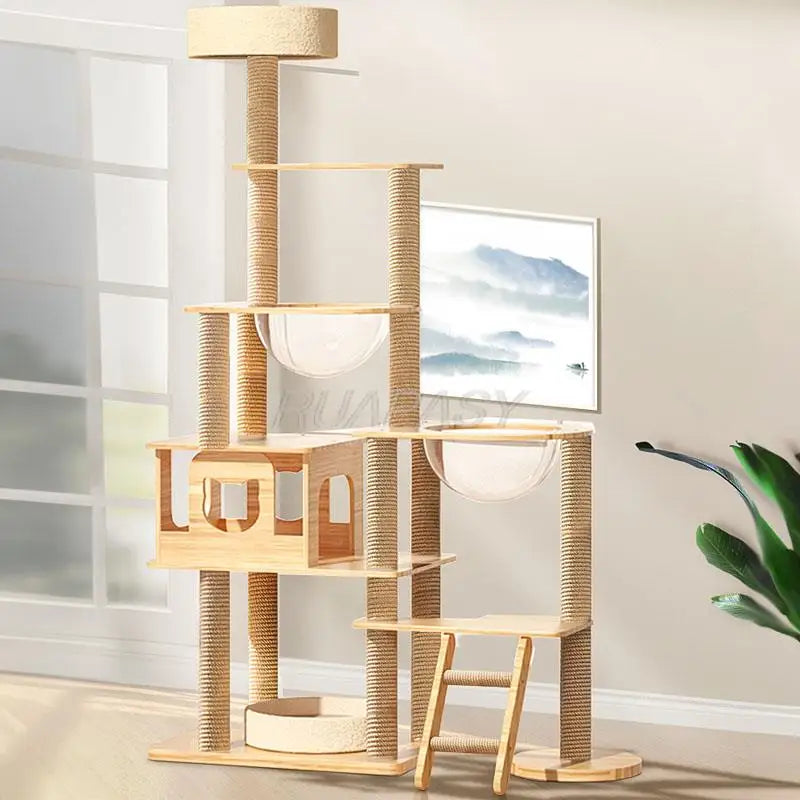 Multi-Level Wood Cat Tree Shelf Jumping Platform Cat Tree Toys Post Condo Cozy Perch Nest Scratcher Tower Scratching Climbing
