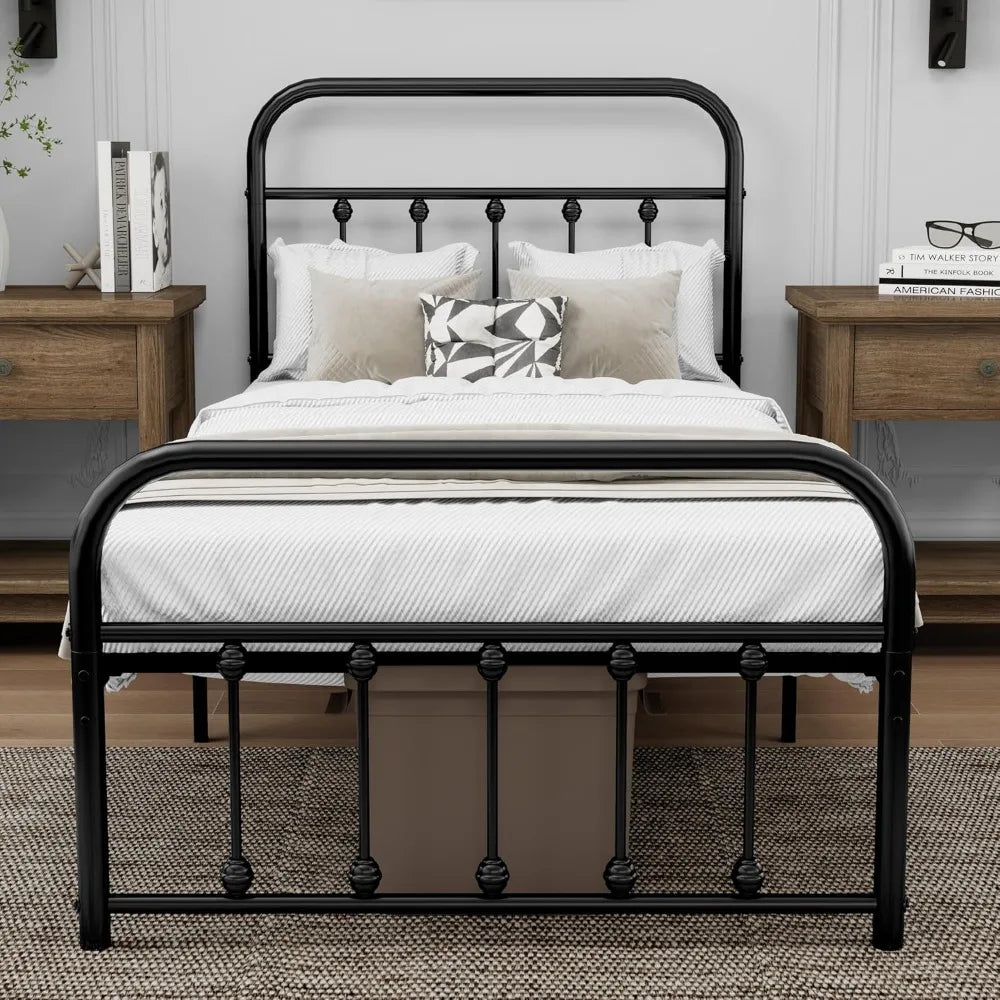 Sturdy Metal  Bed Frame with Headboard Footboard Steel Slats Support No Box Spring Needed Black