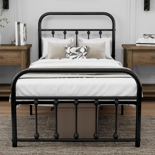 Sturdy Metal  Bed Frame with Headboard Footboard Steel Slats Support No Box Spring Needed Black