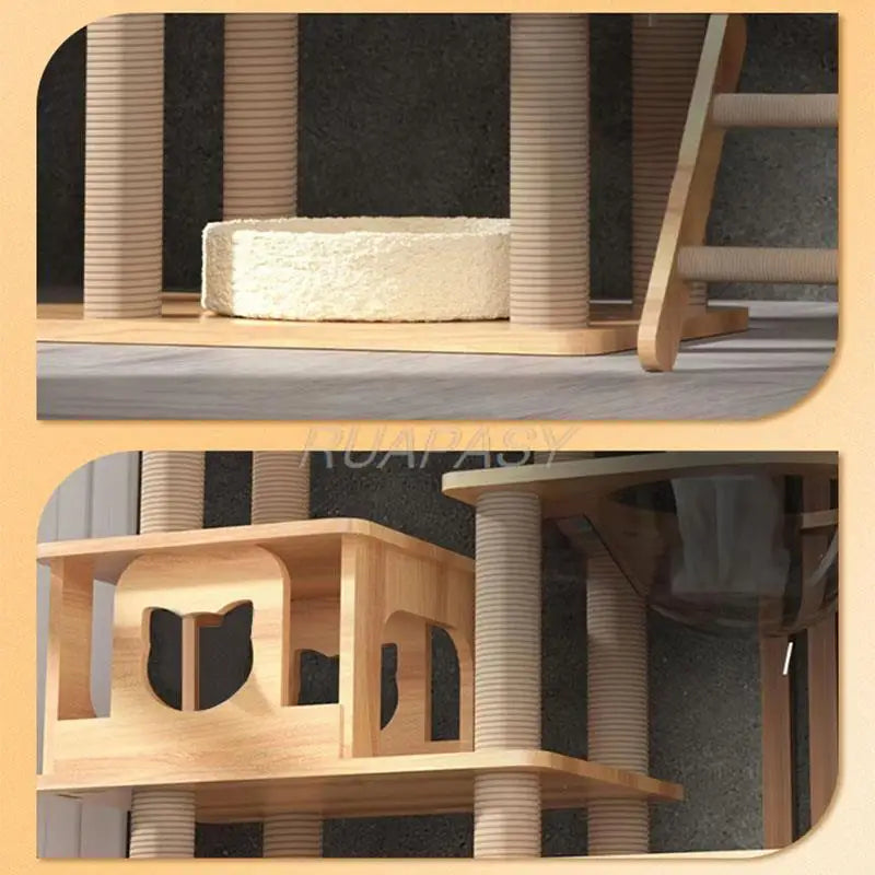 Multi-Level Wood Cat Tree Shelf Jumping Platform Cat Tree Toys Post Condo Cozy Perch Nest Scratcher Tower Scratching Climbing