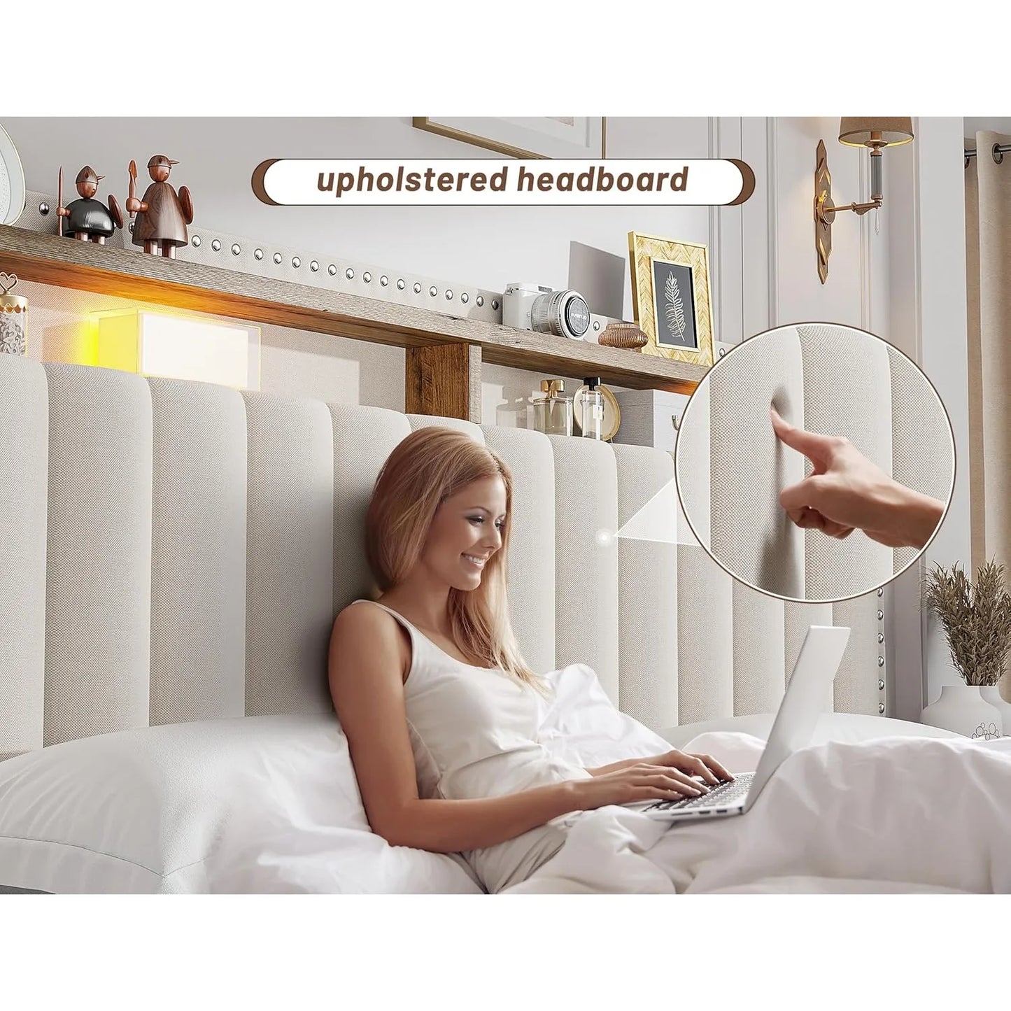 King Size Bed Frame with 4 Storage Drawers, Upholstered King Bed Frame and headboard with 2-Tier Shelves,Beige