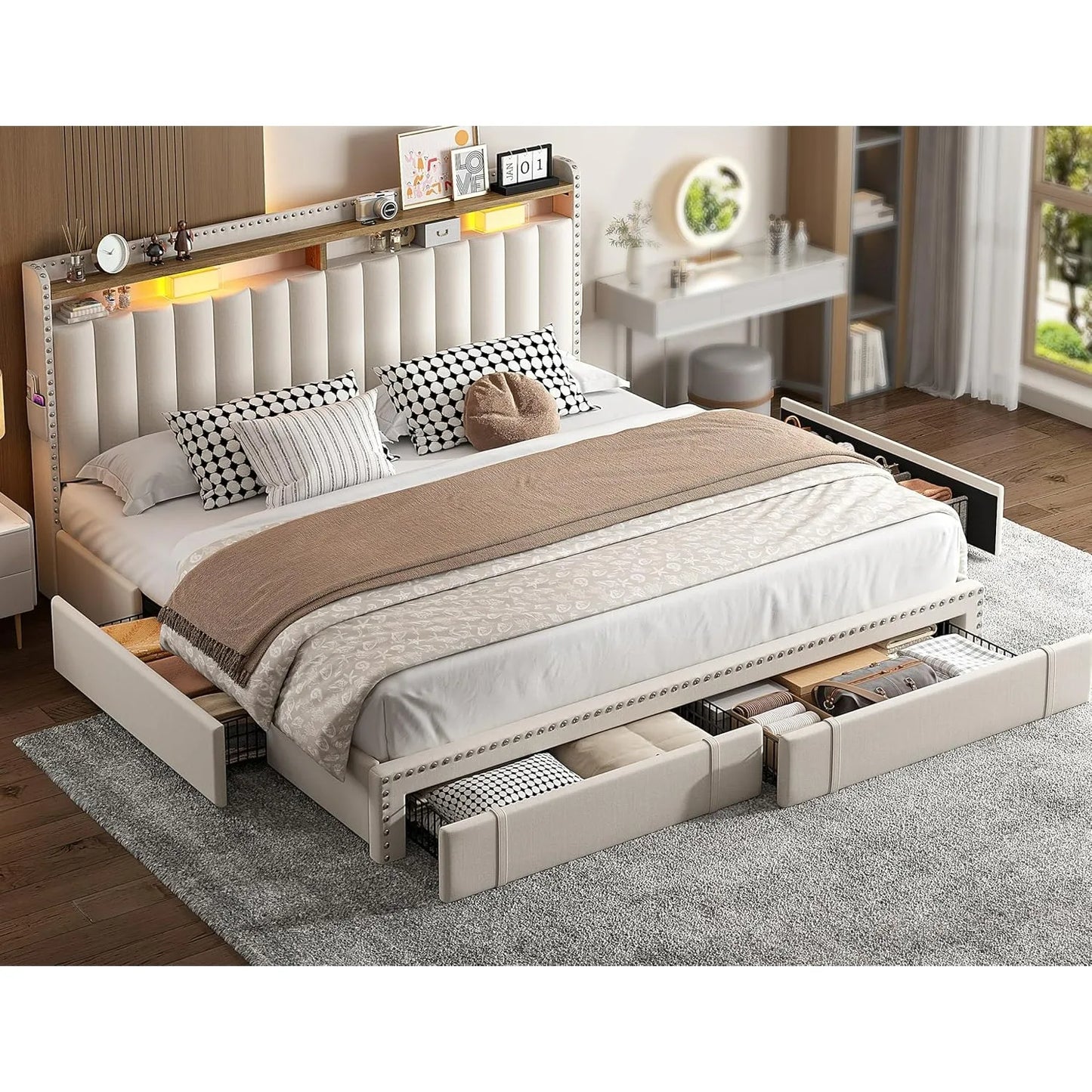 King Size Bed Frame with 4 Storage Drawers, Upholstered King Bed Frame and headboard with 2-Tier Shelves,Beige