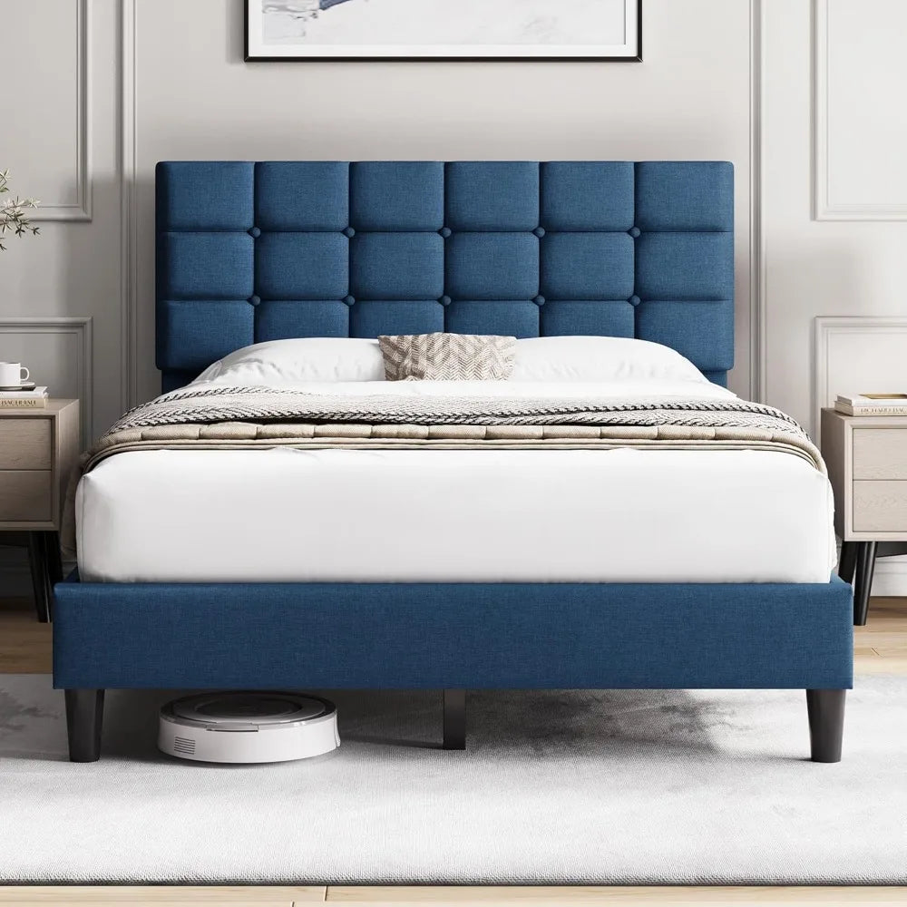 Bed Frame, Modern Full Bed Platform with Square Stitched&Button Tufting Headboard Height Adjustable, Full Size, Dark Gray
