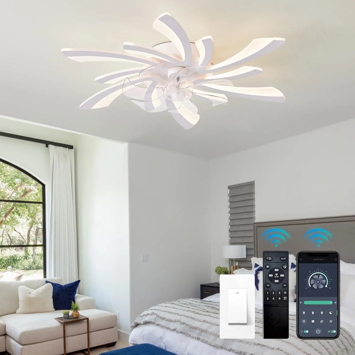 Ceiling fan with light, modern dimmable flower shaped ceiling fan, with remote control/app control, timed fan ceiling light