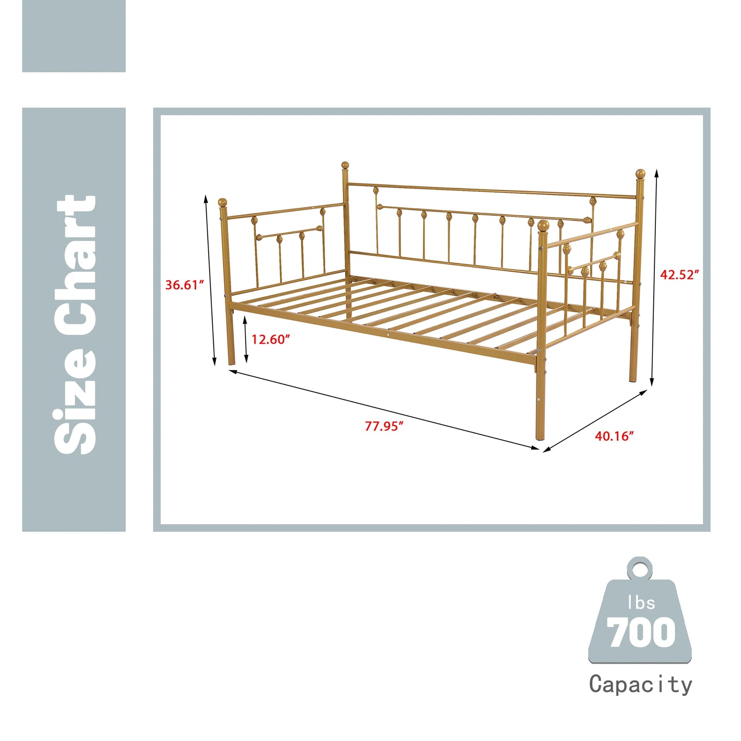 Daybed Frame Gold Twin Size with Headboard Metal Steel Support Platform Mattress Foundation Bed Sofa No Box Spring