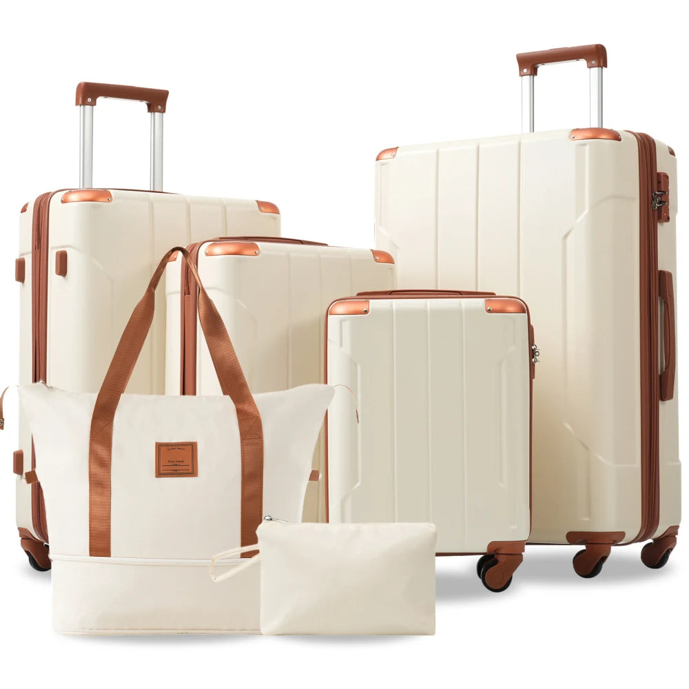 Hardshell Luggage Sets 6 Piece Suitcase Set Expandable Lightweight Suitcases with Wheels TSA Lock for Men Women White Brown