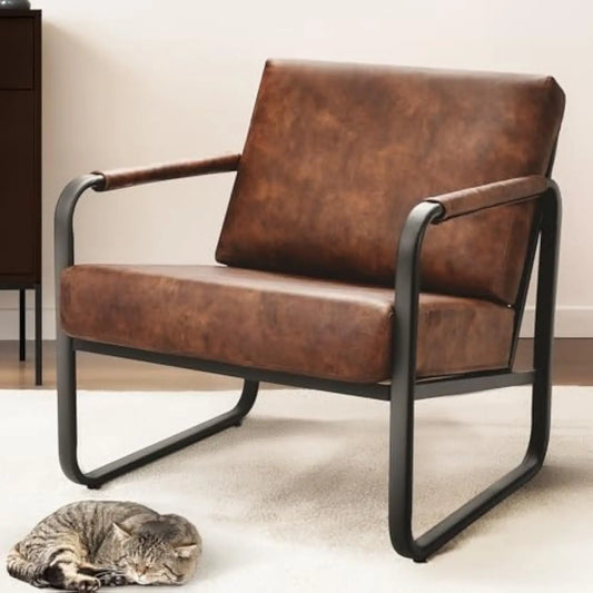 Mid-Century Modern Accent Chair - Comfy Faux Leather Living Room Chair, Lounge Armchair with Extra Soft Padded & Cushion, Ergo