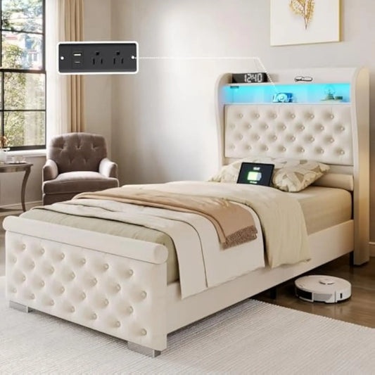 Twin Bed Frame with Storage, Velvet Upholstered Bed with Charging Station and LED Light, Deep Button Tufted Wingback Headboard,