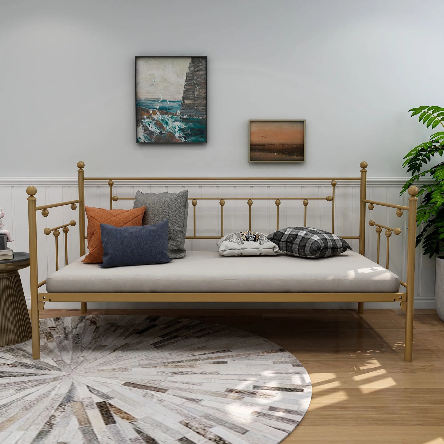 Daybed Frame Gold Twin Size with Headboard Metal Steel Support Platform Mattress Foundation Bed Sofa No Box Spring