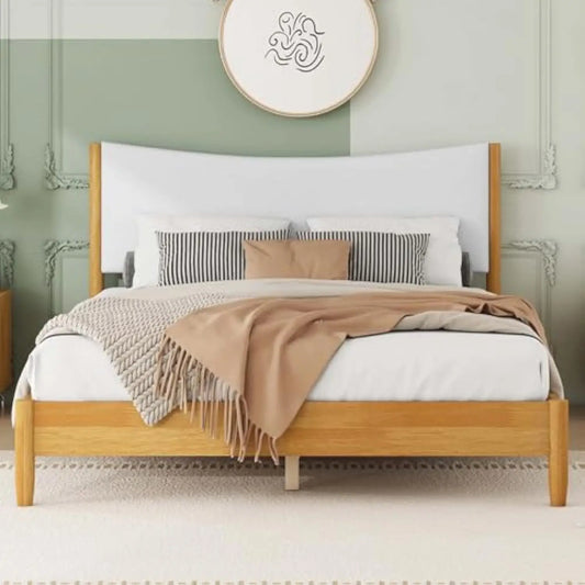 Wooden Platform Bed Frame Queen Size with Upholstered Headboard,Mid Century Modern Bed Frame Queen&Solid Wood Bed Frame with Wo