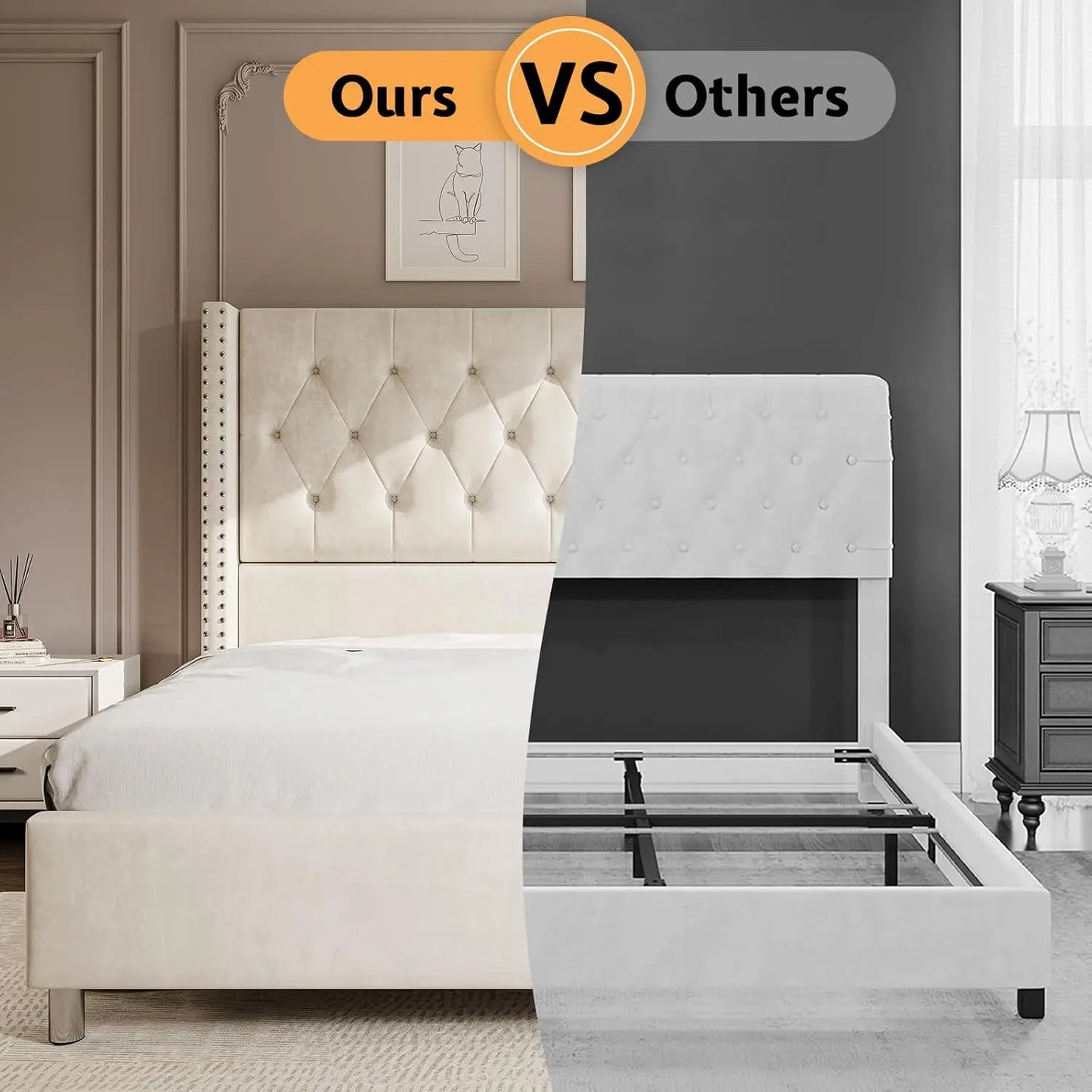 Jocisland Queen Bed Frame Upholstered Bed Wingback Headboard Velvet Tufted Diamond Button/No Box Spring Needed/Easy Assembly