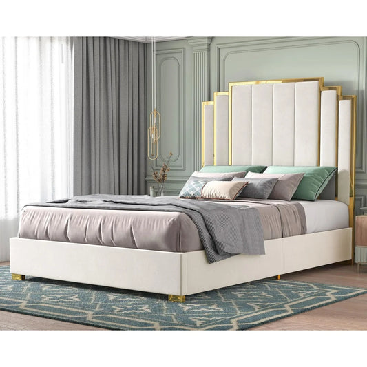 Queen Size Bed Frame and 61" Headboard, Upholstered Bed with Golden Plating Trim, Modern Platform Bed No Box Spring Needed,Cream