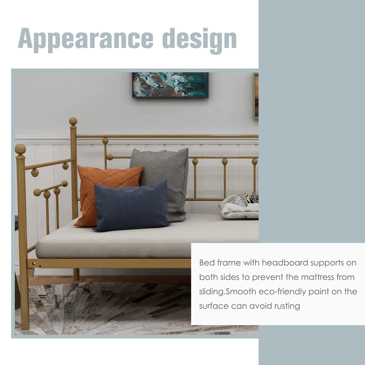 Daybed Frame Gold Twin Size with Headboard Metal Steel Support Platform Mattress Foundation Bed Sofa No Box Spring